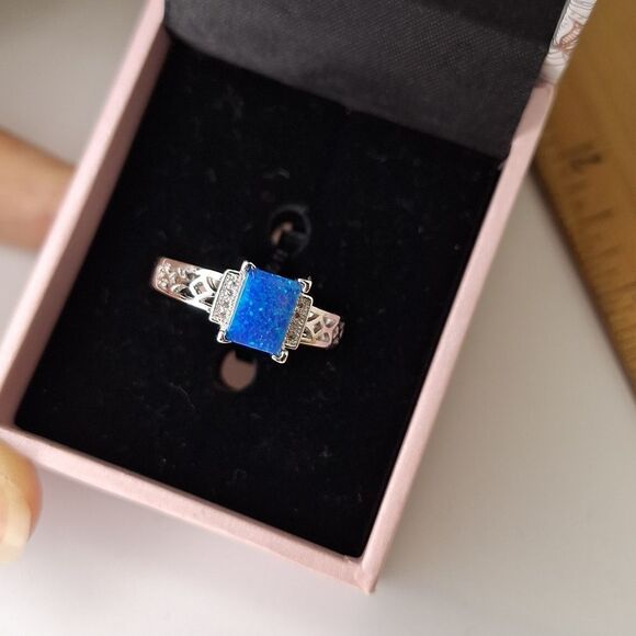 blue opal emerald cut ring size 10 - Picture 6 of 6